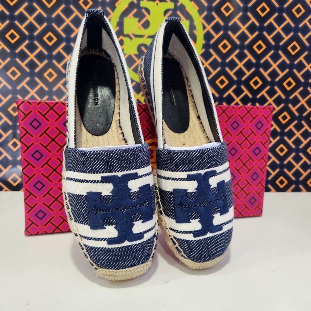 NWT!!!Tory Burch double t jacquard espadrille stripe (navy)
